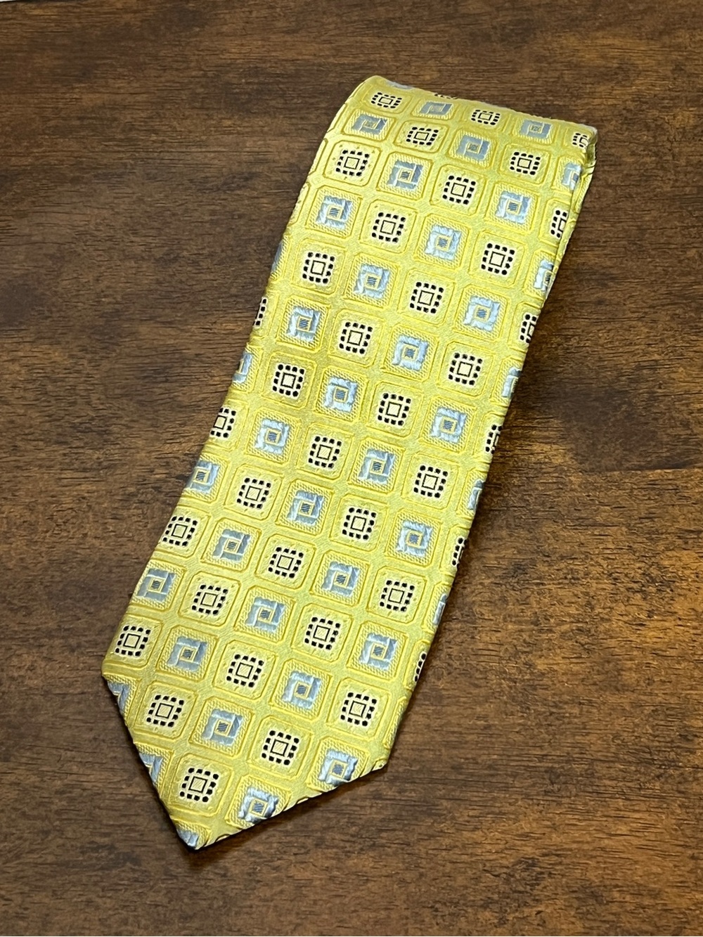 Robert Talbott Lime Yellow Silk Tie with Blue and Black Geometric Motif